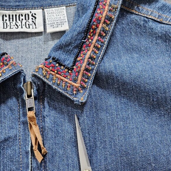Chico's Design Shirt Womens 2 / L Denim Zip Embellished Embroidery LS Cotton VTG - Picture 12 of 16